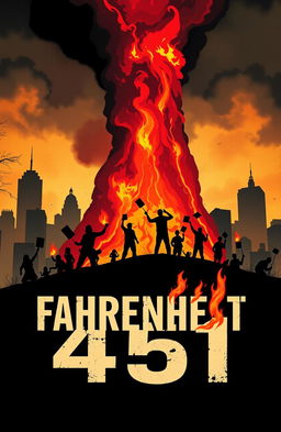 A striking book cover design for 'Fahrenheit 451', incorporating themes of rebellion and the transformative power of knowledge
