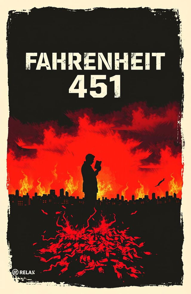 A striking book cover design for the novel 'Fahrenheit 451' that captures the themes of rebellion and the transformative power of knowledge