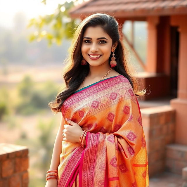 A beautiful young woman draped in an elegant saree, showcasing intricate patterns and vibrant colors