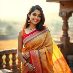 A beautiful young woman draped in an elegant saree, showcasing intricate patterns and vibrant colors