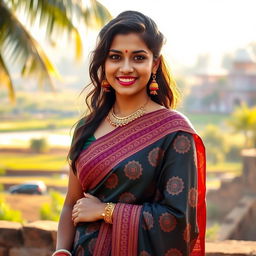 A beautiful young woman draped in an elegant saree, showcasing intricate patterns and vibrant colors