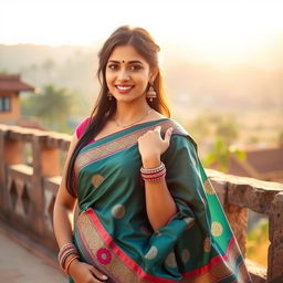 A beautiful young woman draped in an elegant saree, showcasing intricate patterns and vibrant colors