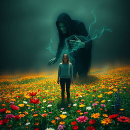 A surreal and abstract representation of the sin of envy, depicted as a dark, shadowy figure lurking behind a person standing in a lush, vibrant landscape filled with bright colors