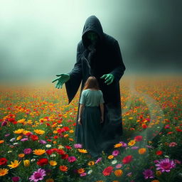 A surreal and abstract representation of the sin of envy, depicted as a dark, shadowy figure lurking behind a person standing in a lush, vibrant landscape filled with bright colors