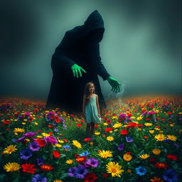 A surreal and abstract representation of the sin of envy, depicted as a dark, shadowy figure lurking behind a person standing in a lush, vibrant landscape filled with bright colors