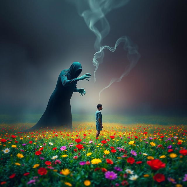 A surreal and abstract representation of the sin of envy, depicted as a dark, shadowy figure lurking behind a person standing in a lush, vibrant landscape filled with bright colors