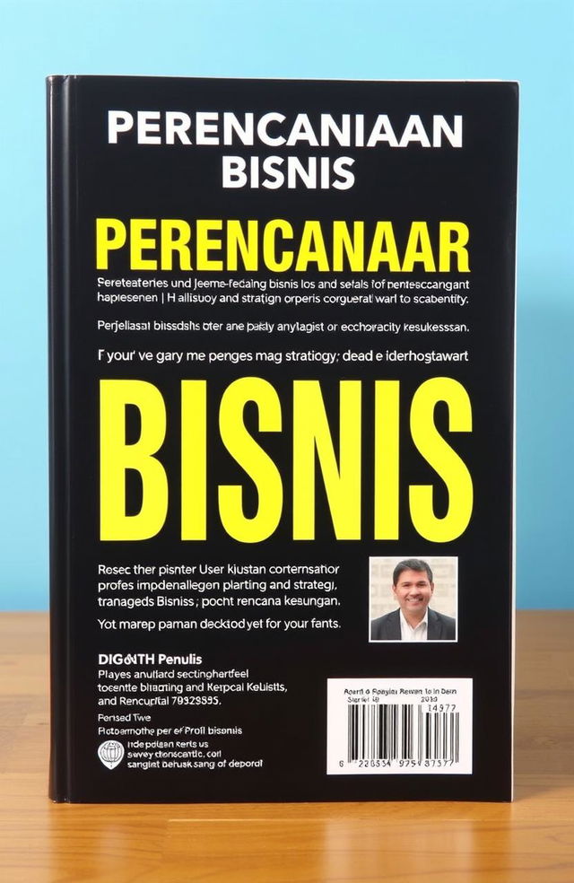 Sebuah sampul belakang buku yang menampilkan tema perencanaan bisnis yang profesional dan inspiratif