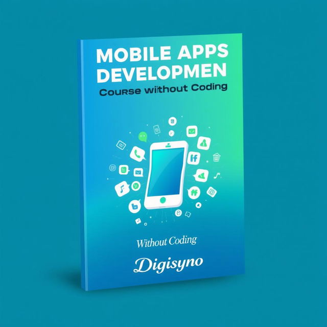 A sleek and engaging book cover design for 'Mobile Apps Development Course Without Coding' by Digisyno