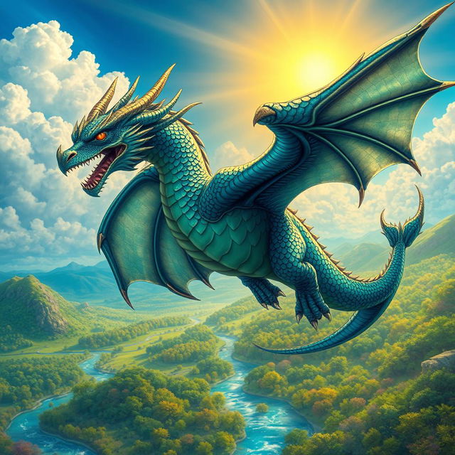 A stunningly detailed and vibrant depiction of a majestic draconid, featuring shimmering scales in hues of emerald green and deep blue