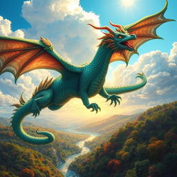 A stunningly detailed and vibrant depiction of a majestic draconid, featuring shimmering scales in hues of emerald green and deep blue