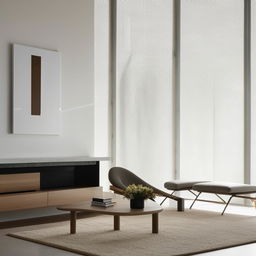 A modern yet minimalistic interior living room with natural light and simple furnishings.