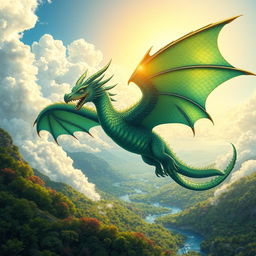 A stunningly detailed and vibrant depiction of a majestic draconid, featuring shimmering scales in hues of emerald green and deep blue