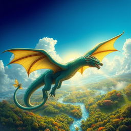 A stunningly detailed and vibrant depiction of a majestic draconid, featuring shimmering scales in hues of emerald green and deep blue