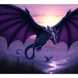 A captivating and intricately detailed portrayal of a dark lilac draconid, soaring majestically through a twilight sky