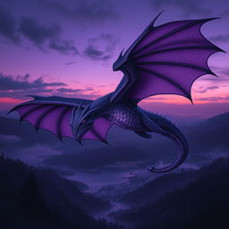 A captivating and intricately detailed portrayal of a dark lilac draconid, soaring majestically through a twilight sky