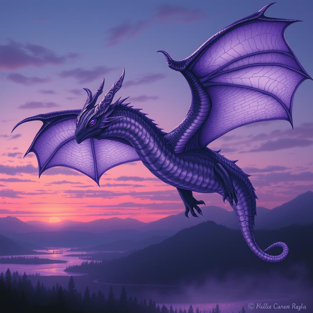 A captivating and intricately detailed portrayal of a dark lilac draconid, soaring majestically through a twilight sky