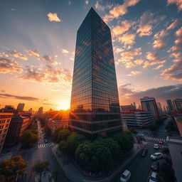 A stunning cinematic shot of an impressive skyscraper at sunset, the sun's rays reflecting off the glass facade, surrounded by a bustling cityscape with people walking, cars driving, and vibrant street life