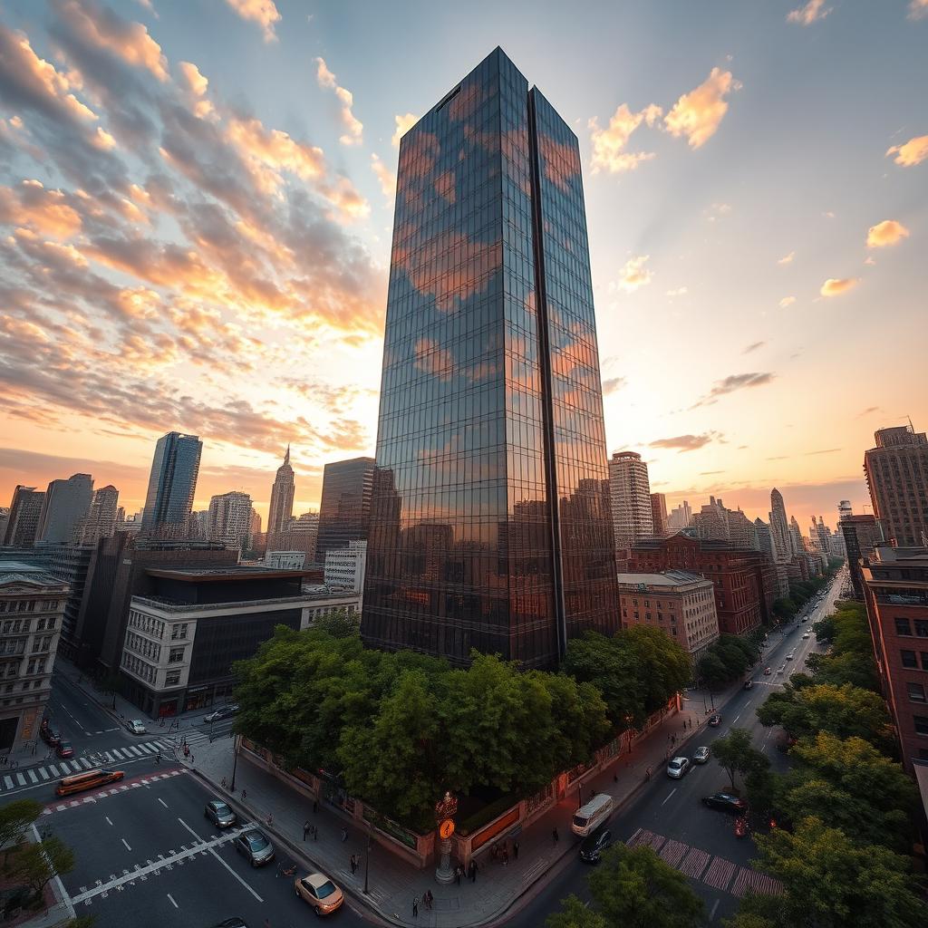 A stunning cinematic shot of an impressive skyscraper at sunset, the sun's rays reflecting off the glass facade, surrounded by a bustling cityscape with people walking, cars driving, and vibrant street life