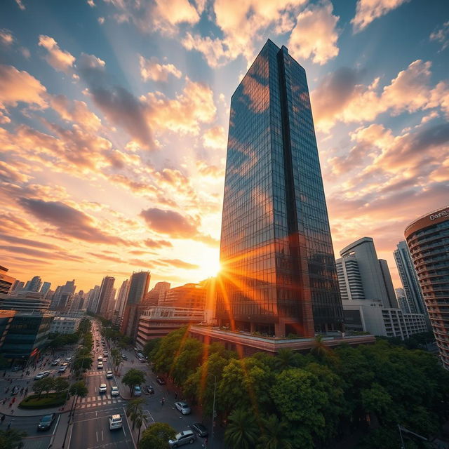 A stunning cinematic shot of an impressive skyscraper at sunset, the sun's rays reflecting off the glass facade, surrounded by a bustling cityscape with people walking, cars driving, and vibrant street life