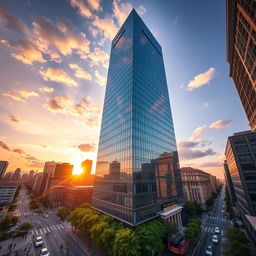 A stunning cinematic shot of an impressive skyscraper at sunset, the sun's rays reflecting off the glass facade, surrounded by a bustling cityscape with people walking, cars driving, and vibrant street life