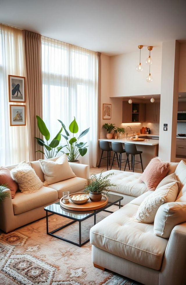 A cozy and inviting living room setting that conveys warmth and comfort, featuring a soft sectional sofa adorned with fluffy pillows, a stylish coffee table with a decorative centerpiece, and a large window with sheer curtains allowing soft natural light to filter in