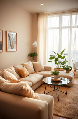 A cozy and inviting living room setting that conveys warmth and comfort, featuring a soft sectional sofa adorned with fluffy pillows, a stylish coffee table with a decorative centerpiece, and a large window with sheer curtains allowing soft natural light to filter in