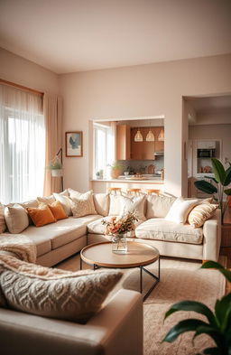 A cozy and inviting living room setting that conveys warmth and comfort, featuring a soft sectional sofa adorned with fluffy pillows, a stylish coffee table with a decorative centerpiece, and a large window with sheer curtains allowing soft natural light to filter in