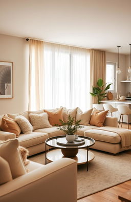 A cozy and inviting living room setting that conveys warmth and comfort, featuring a soft sectional sofa adorned with fluffy pillows, a stylish coffee table with a decorative centerpiece, and a large window with sheer curtains allowing soft natural light to filter in