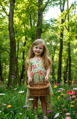 A young girl standing proudly in front of a lush, vibrant forest, holding a basket in her hands