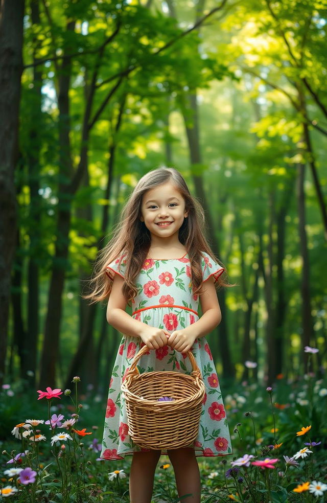 A young girl standing proudly in front of a lush, vibrant forest, holding a basket in her hands