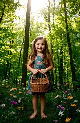 A young girl standing proudly in front of a lush, vibrant forest, holding a basket in her hands