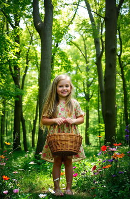 A young girl standing proudly in front of a lush, vibrant forest, holding a basket in her hands