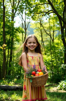 A girl holding a basket stands in front of a beautiful forest