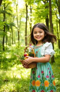 A girl holding a basket stands in front of a beautiful forest