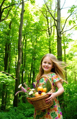A girl holding a basket stands in front of a beautiful forest