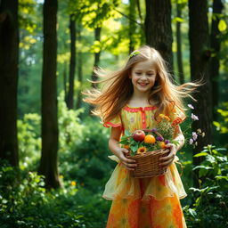 A girl holding a basket stands in front of a beautiful forest