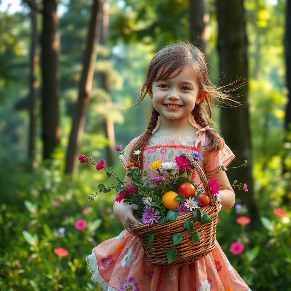 A girl holding a basket stands in front of a beautiful forest