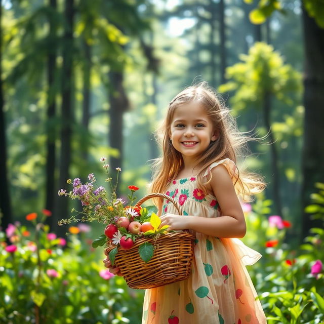 A girl holding a basket stands in front of a beautiful forest