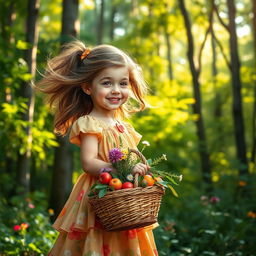 A girl holding a basket stands in front of a beautiful forest
