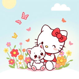 A cute and whimsical illustration of a cartoon-style Hello Kitty character interacting happily with a playful kitten