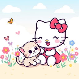 A cute and whimsical illustration of a cartoon-style Hello Kitty character interacting happily with a playful kitten