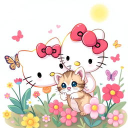 A cute and whimsical illustration of a cartoon-style Hello Kitty character interacting happily with a playful kitten