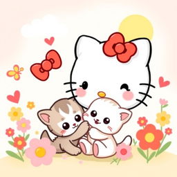 A cute and whimsical illustration of a cartoon-style Hello Kitty character interacting happily with a playful kitten