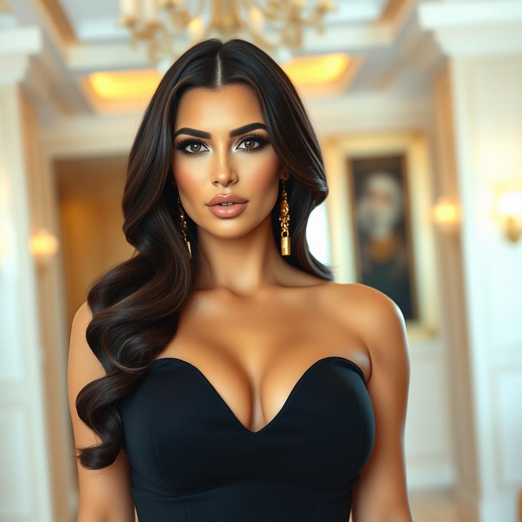 A glamorous portrait of a confident and alluring woman resembling Kim Kardashian, exuding elegance and style