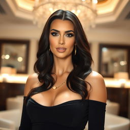 A glamorous portrait of a confident and alluring woman resembling Kim Kardashian, exuding elegance and style