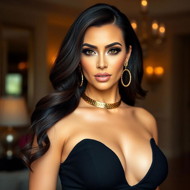 A glamorous portrait of a confident and alluring woman resembling Kim Kardashian, exuding elegance and style