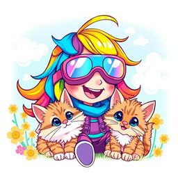 A vibrant and whimsical illustration of a cartoon girl wearing colorful goggles, playfully interacting with a fluffy cat