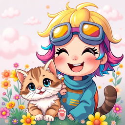 A vibrant and whimsical illustration of a cartoon girl wearing colorful goggles, playfully interacting with a fluffy cat