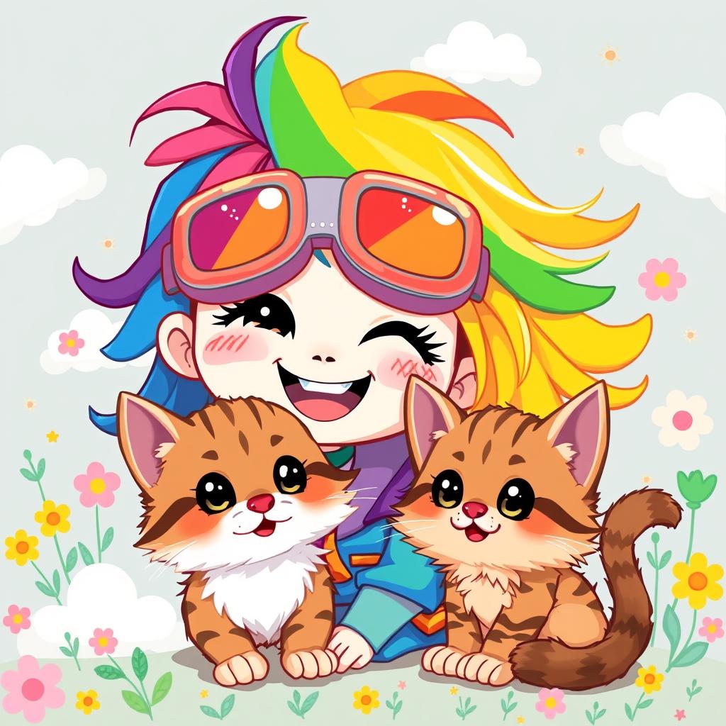 A vibrant and whimsical illustration of a cartoon girl wearing colorful goggles, playfully interacting with a fluffy cat