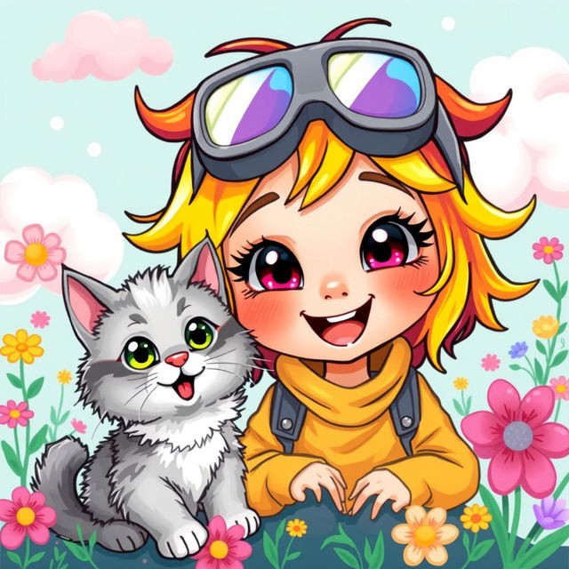 A vibrant and whimsical illustration of a cartoon girl wearing colorful goggles, playfully interacting with a fluffy cat